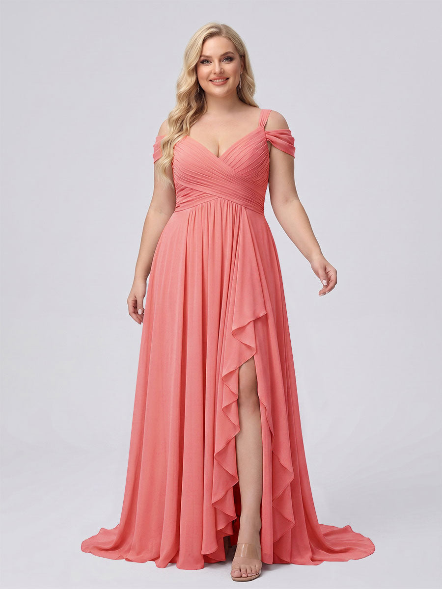 A-Line/Princess V-Neck Split Side Floor-Length Chiffon Plus Size Bridesmaid Dresses With Ruffles Coral