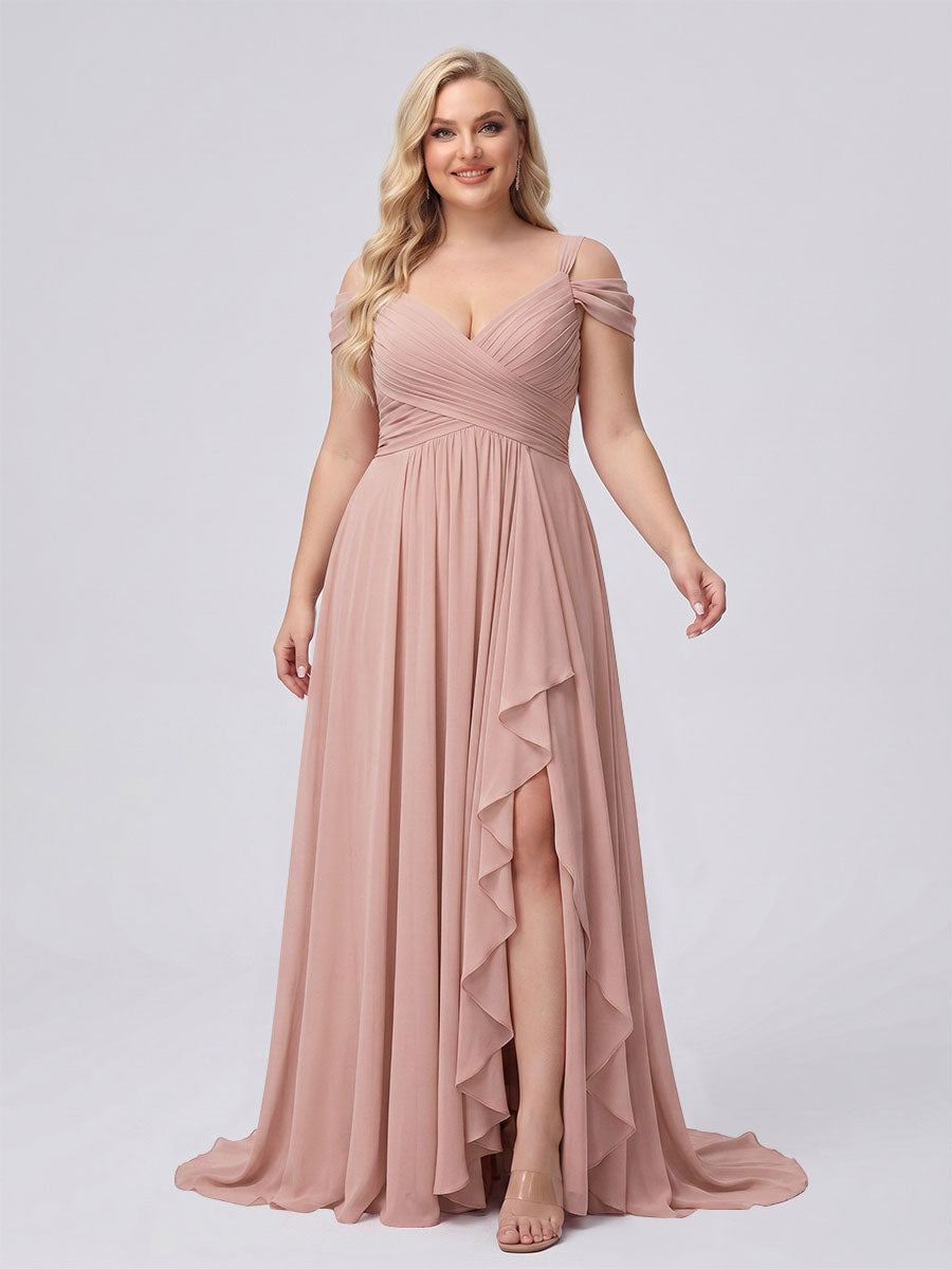 A-Line/Princess V-Neck Split Side Floor-Length Chiffon Plus Size Bridesmaid Dresses With Ruffles Dusty Rose