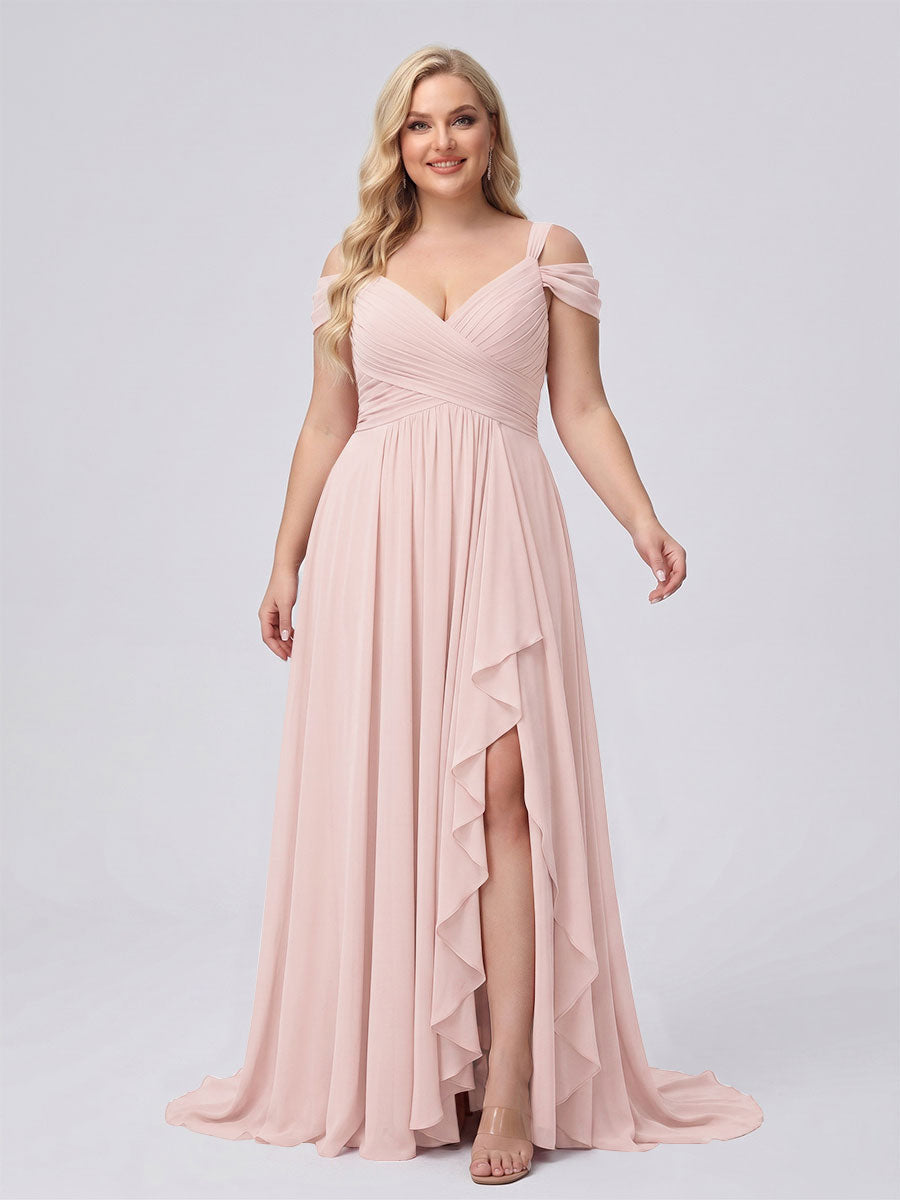 A-Line/Princess V-Neck Split Side Floor-Length Chiffon Plus Size Bridesmaid Dresses With Ruffles Light Pink
