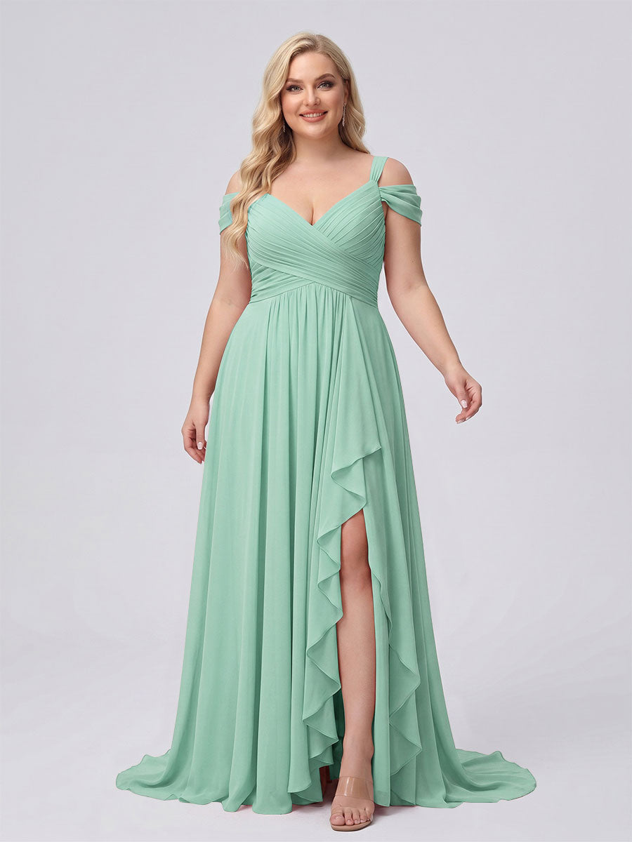 A-Line/Princess V-Neck Split Side Floor-Length Chiffon Plus Size Bridesmaid Dresses With Ruffles Mint Green