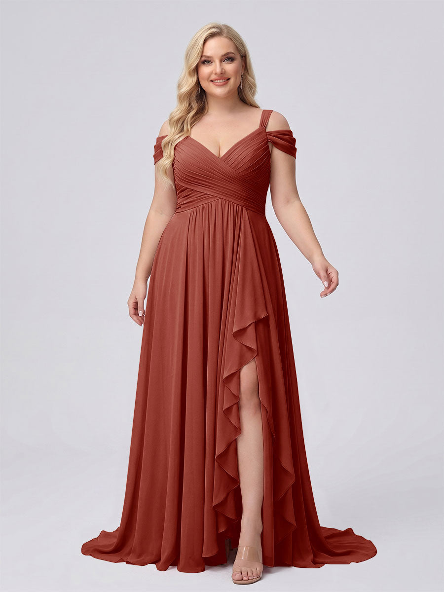 A-Line/Princess V-Neck Split Side Floor-Length Chiffon Plus Size Bridesmaid Dresses With Ruffles Rust