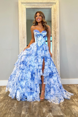 A Line Prom Dress Blue Sweetheart Corset Floral Tiered Lace Up Formal Dress