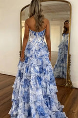 A Line Prom Dress Blue Sweetheart Corset Floral Tiered Long Formal Dress