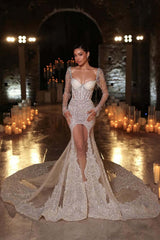 Mermaid Prom Dress Beaded Long Sleeve Tulle Floor Length Formal Gown