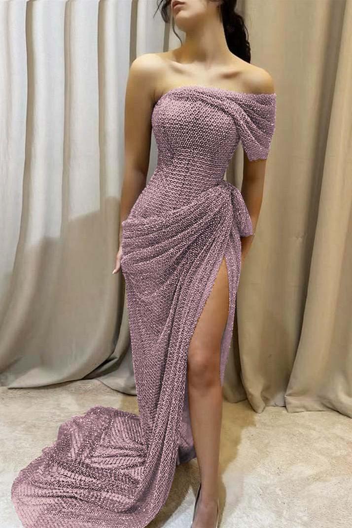 Dusty rose sequin mermaid prom dress with side bow sash, high slit and sweep train