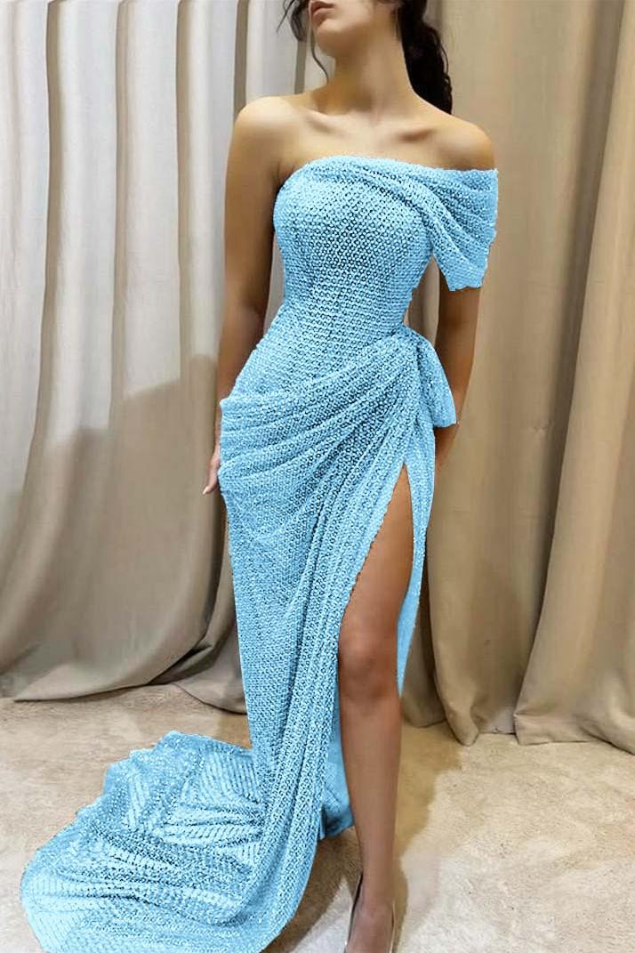 Light blue sequin mermaid prom dress with off-the-shoulder draped sleeve and sweep train