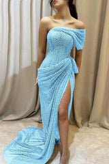 Light blue sequin mermaid prom dress with off-the-shoulder draped sleeve and sweep train