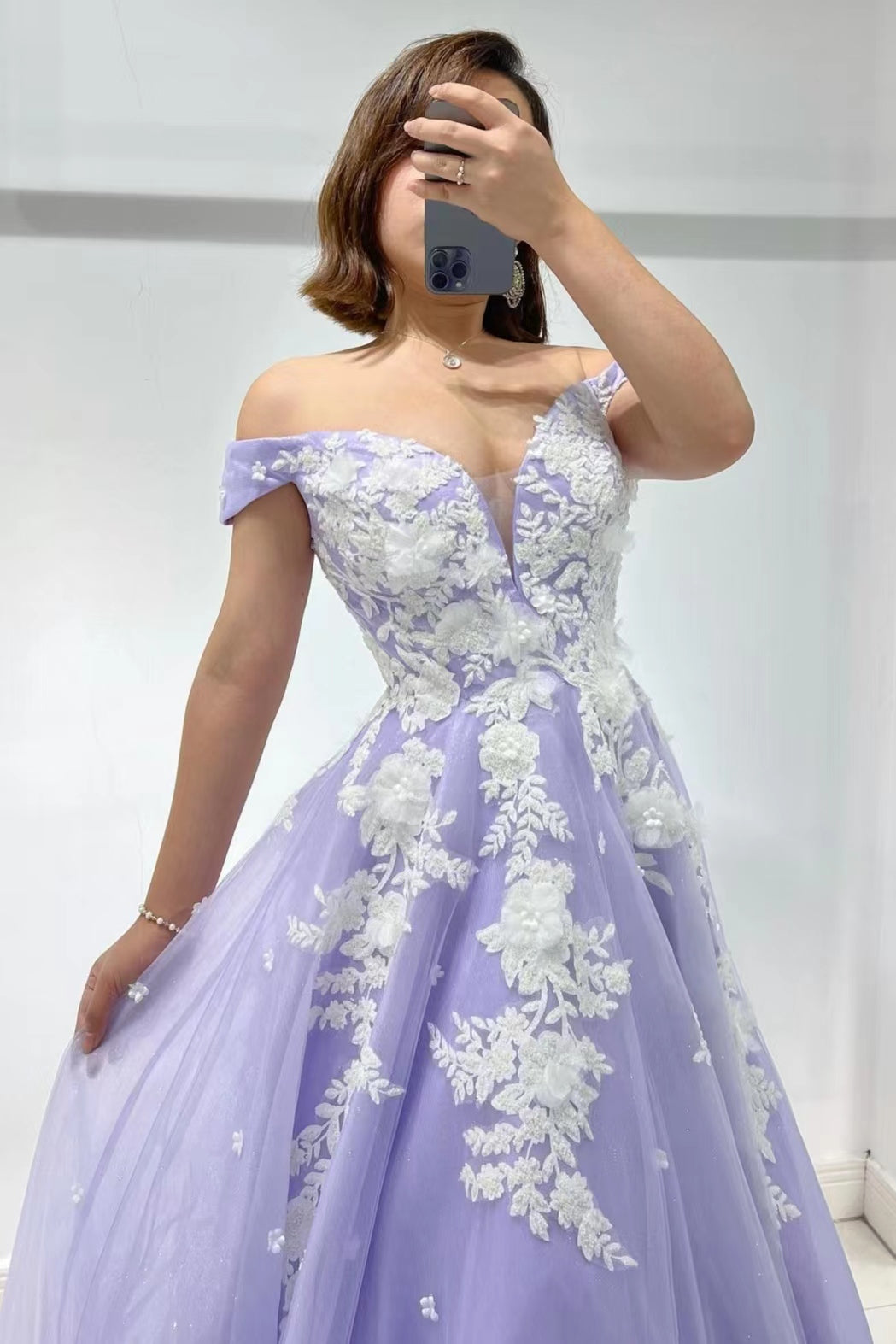 Amazing Lilac Sweetheart Off The Shoulder Tulle Evening Dress with Appliques