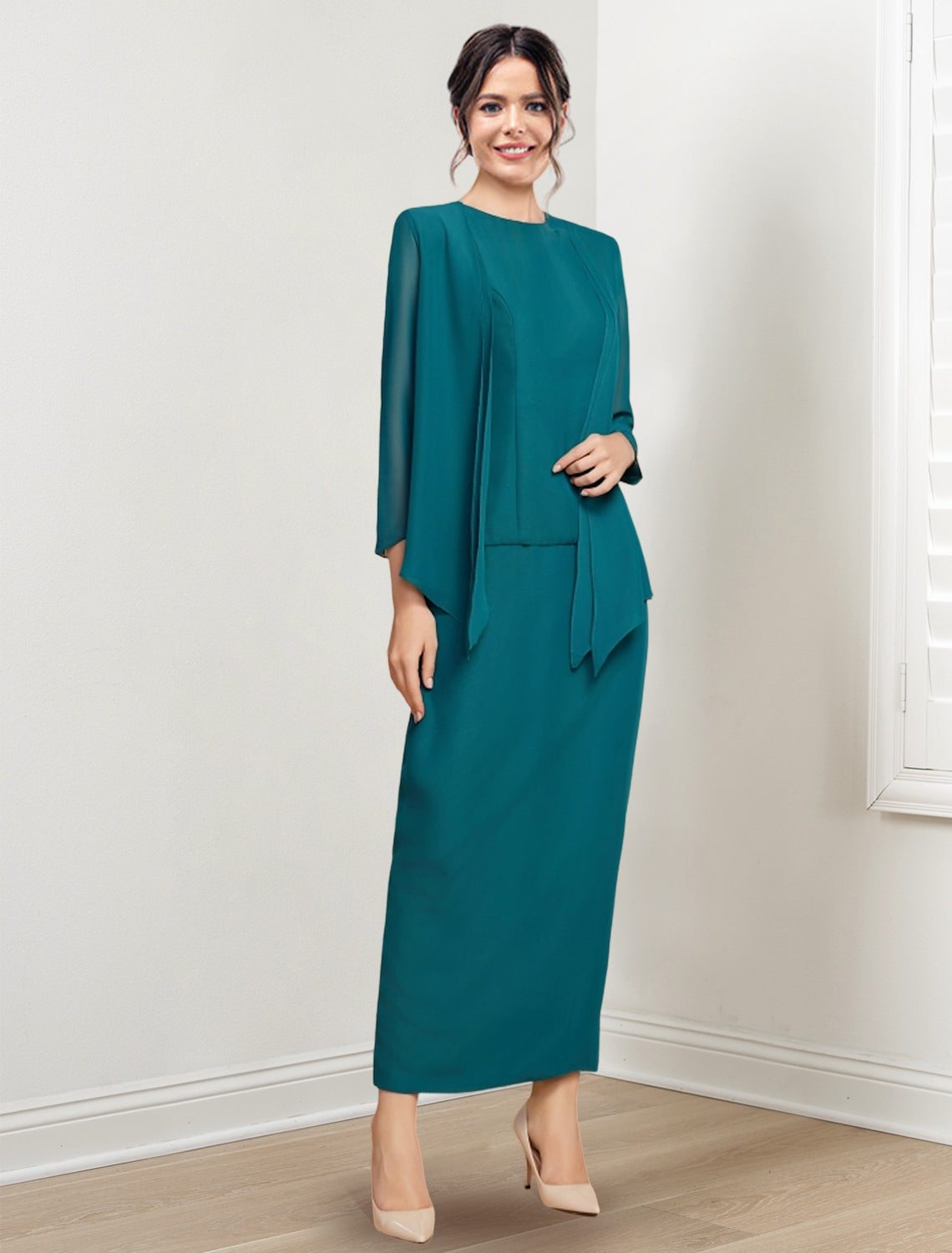 Ankle Length Mother of the Bride Sheath Column Dresses with Jewel Neck