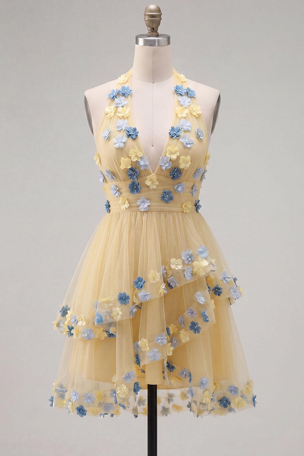 Apricot Floral Halter Tiered A-Line Short Homecoming Dress
