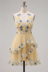 Apricot Floral Halter Tiered A-Line Short Homecoming Dress