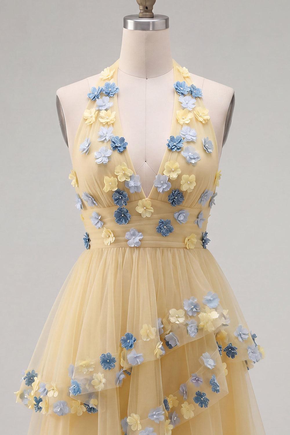 Apricot Floral Halter Tiered A-Line Short Homecoming Dress