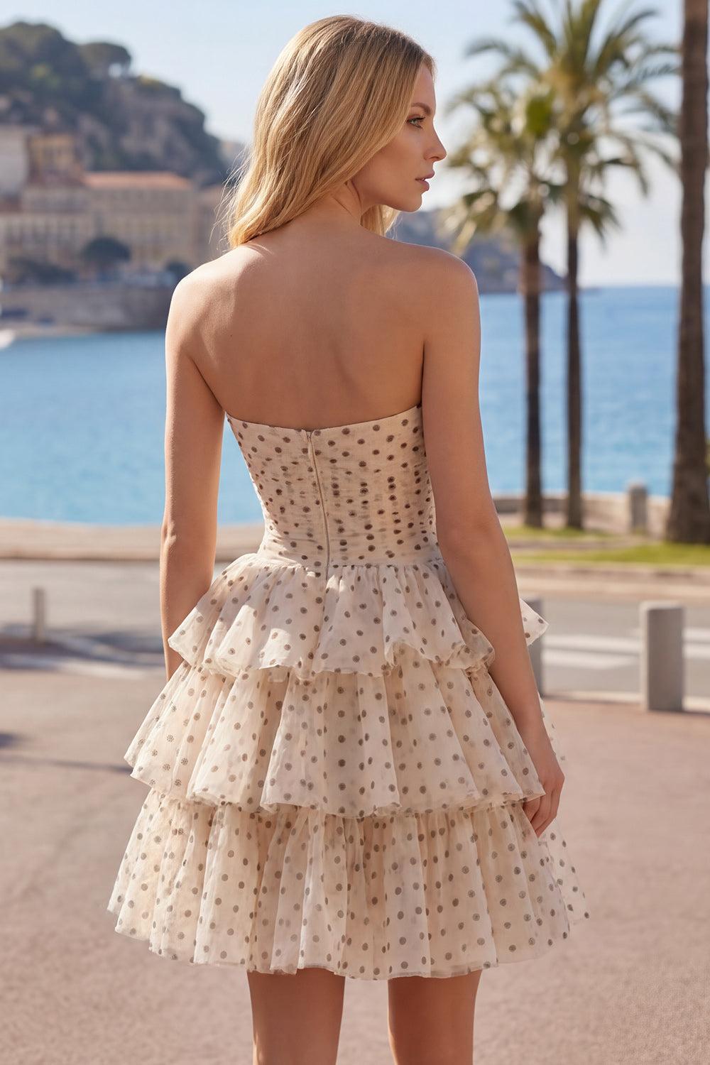 Apricot and Black Dot A Line Keyhole Strapless Short Homecoming Dress