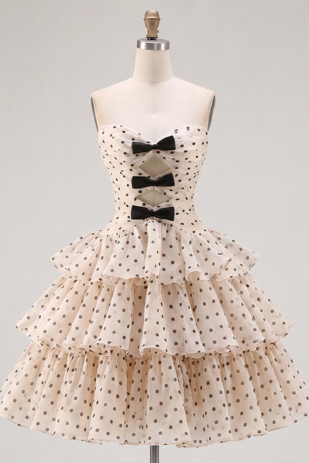 Apricot and Black Dot A Line Keyhole Strapless Short Homecoming Dress