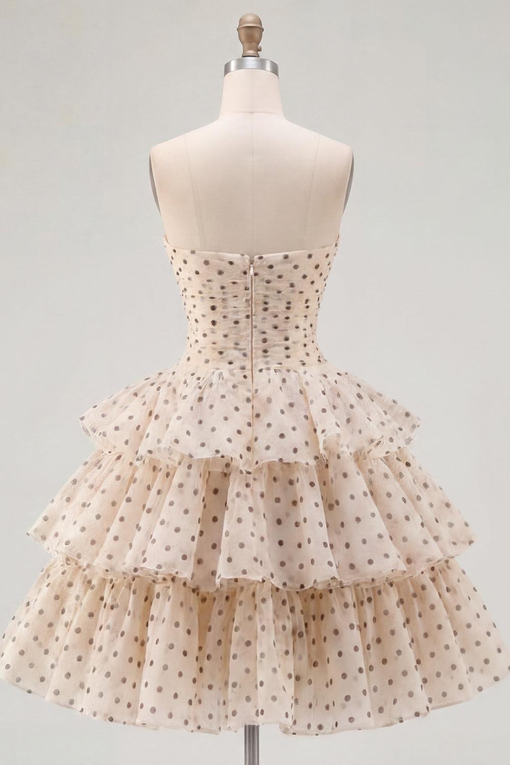 Apricot and Black Dot A Line Keyhole Strapless Short Homecoming Dress