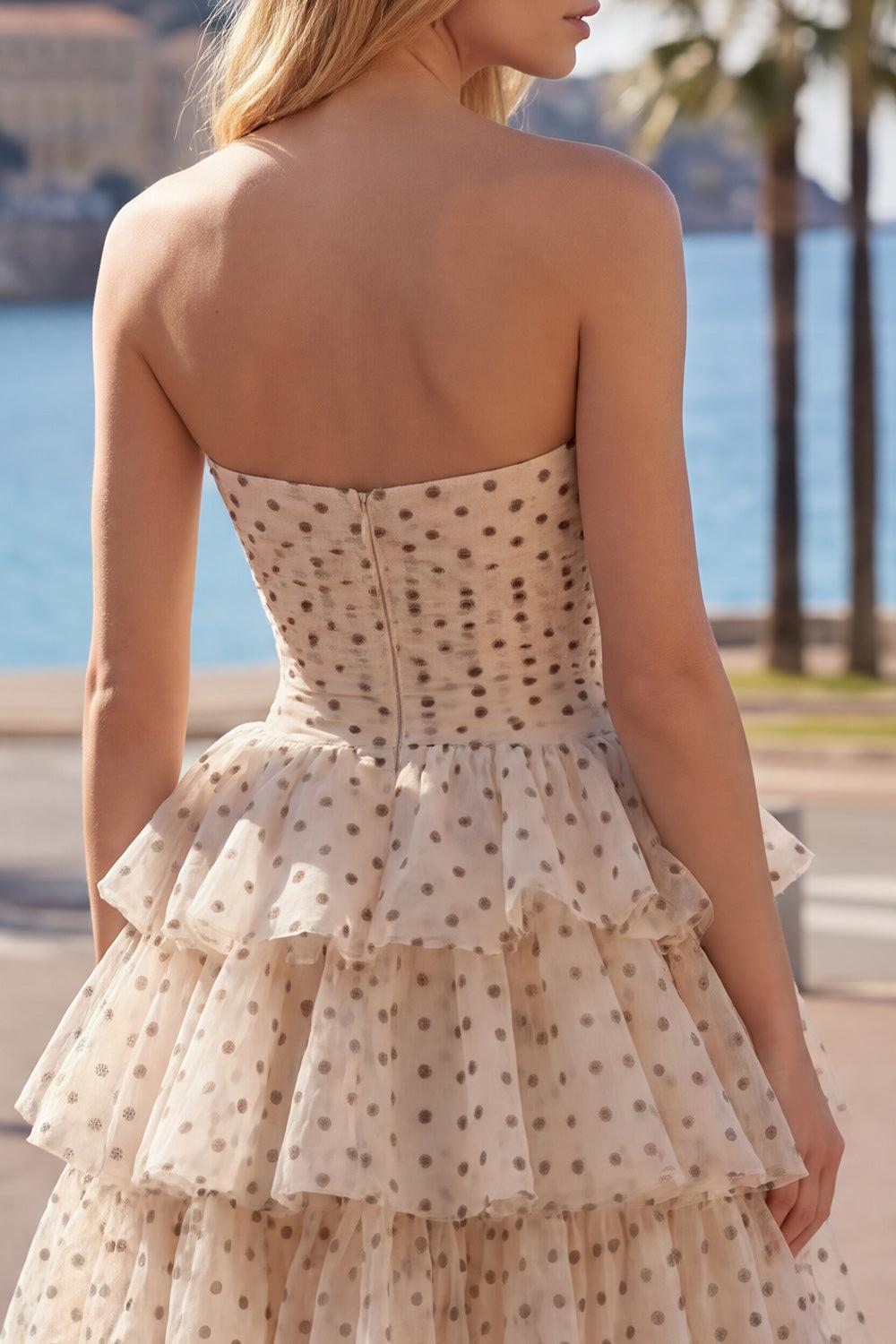 Apricot and Black Dot A Line Keyhole Strapless Short Homecoming Dress