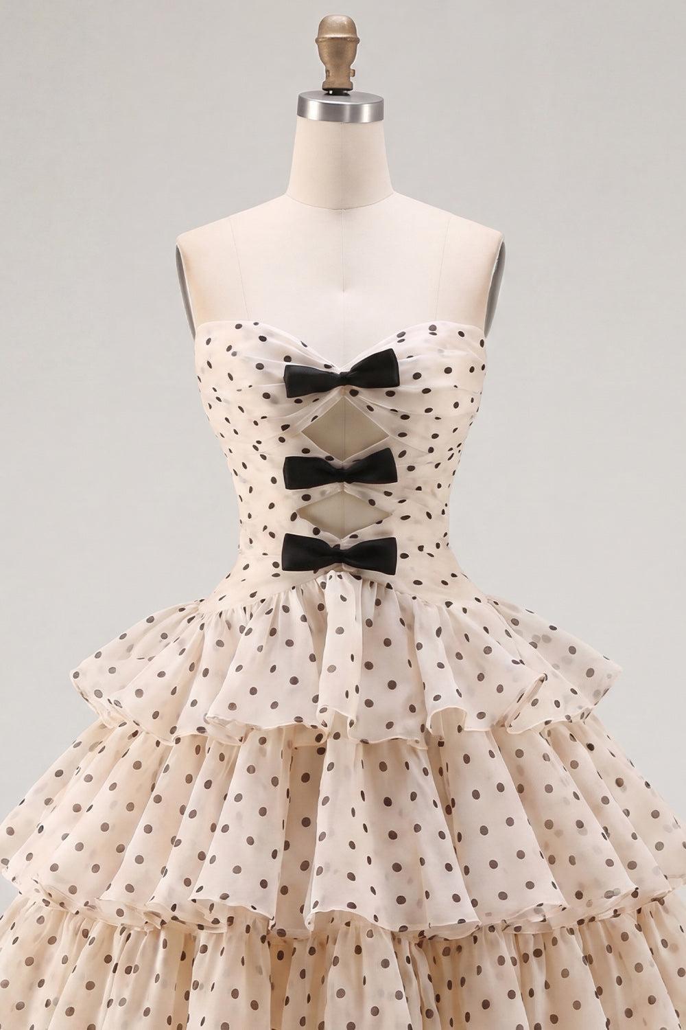 Apricot and Black Dot A Line Keyhole Strapless Short Homecoming Dress