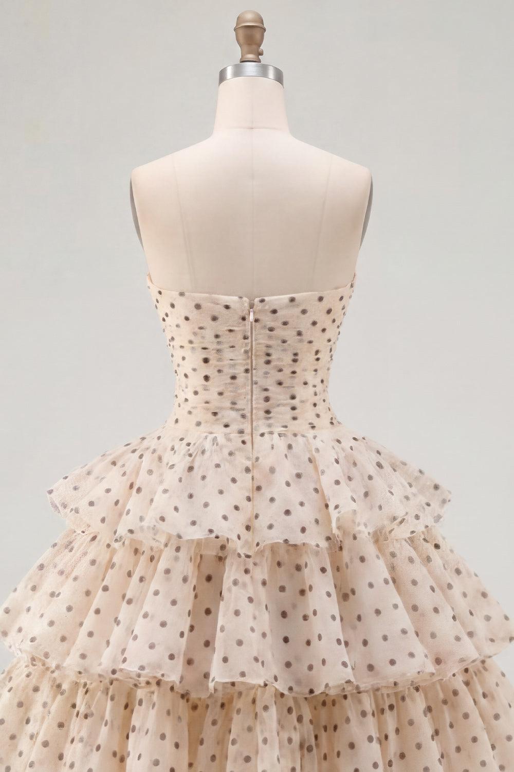 Apricot and Black Dot A Line Keyhole Strapless Short Homecoming Dress