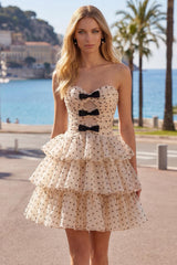 Apricot and Black Dot A Line Keyhole Strapless Short Homecoming Dress