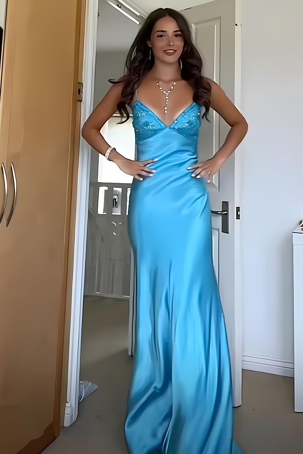 Aqua Blue Spaghetti Strap Long Satin Prom Dress With Lace Bodice Formal Evening Gown