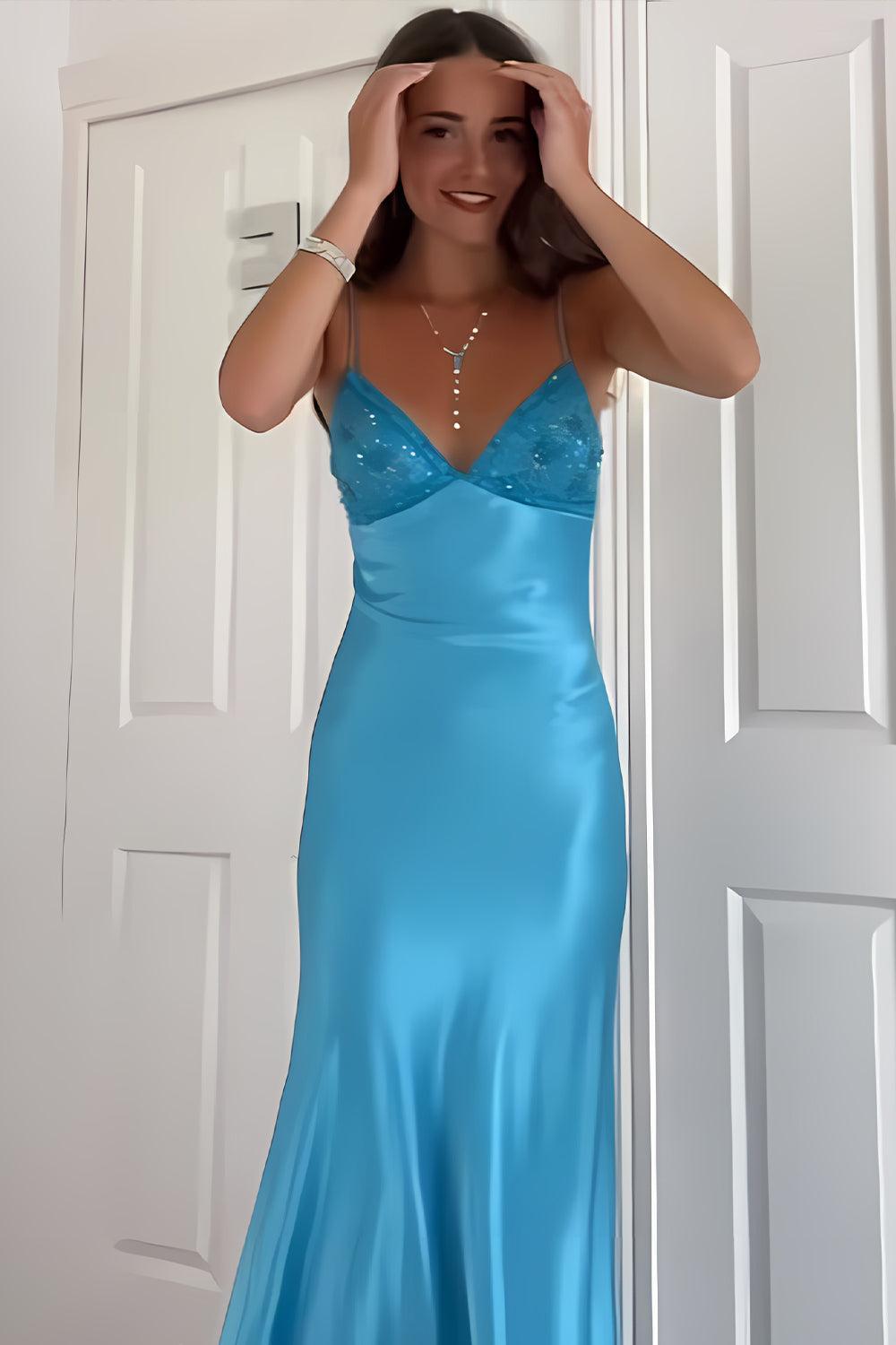 Aqua Blue Spaghetti Strap Long Satin Prom Dress With Lace Bodice Formal Evening Gown