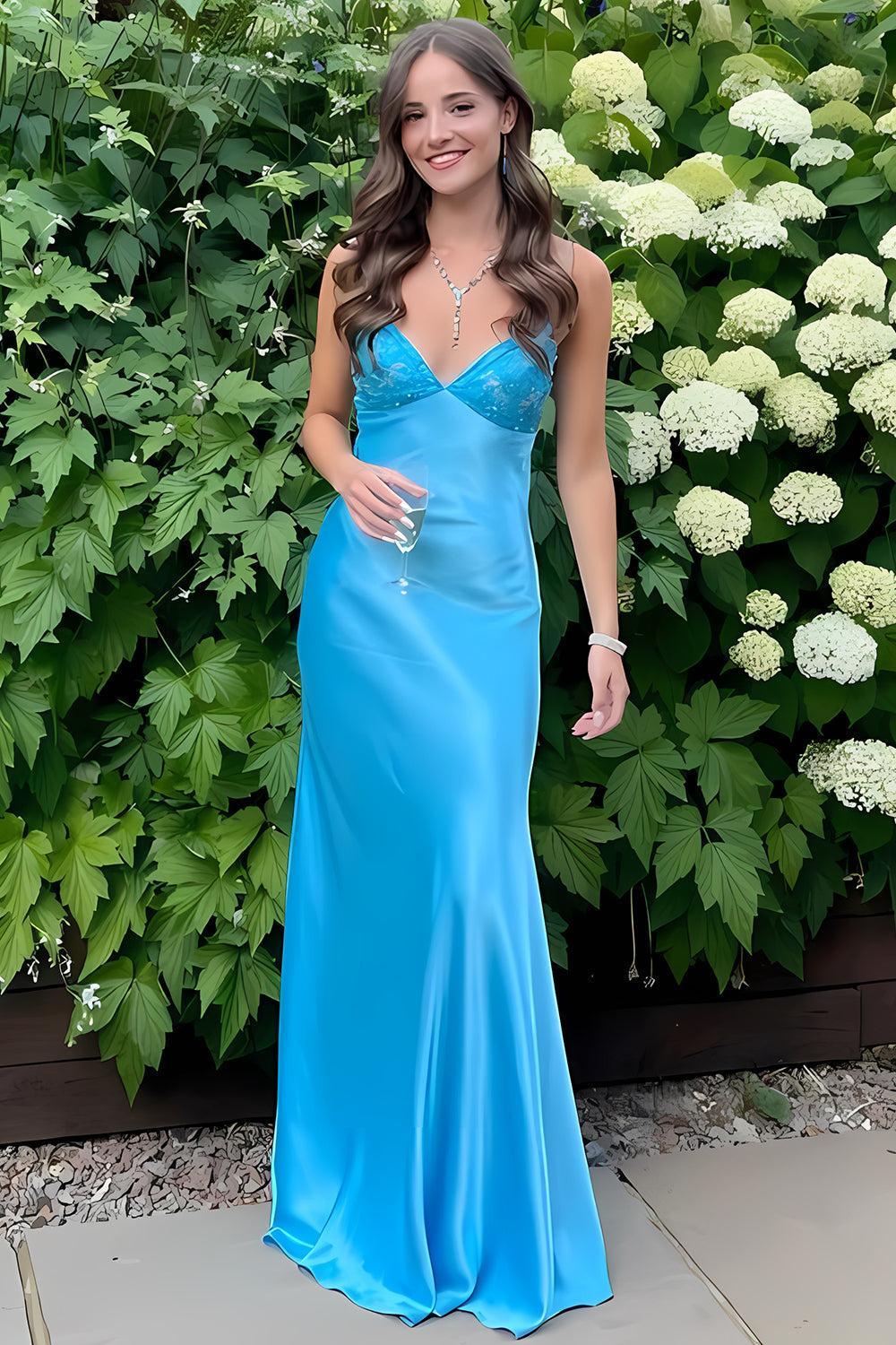 Aqua Blue Spaghetti Strap Long Satin Prom Dress With Lace Bodice Formal Evening Gown