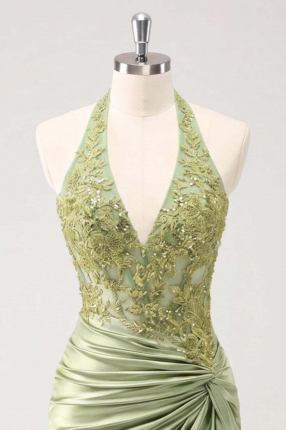 Army Green Ruched Appliqued Halter Tight Corset Short Homecoming Dress