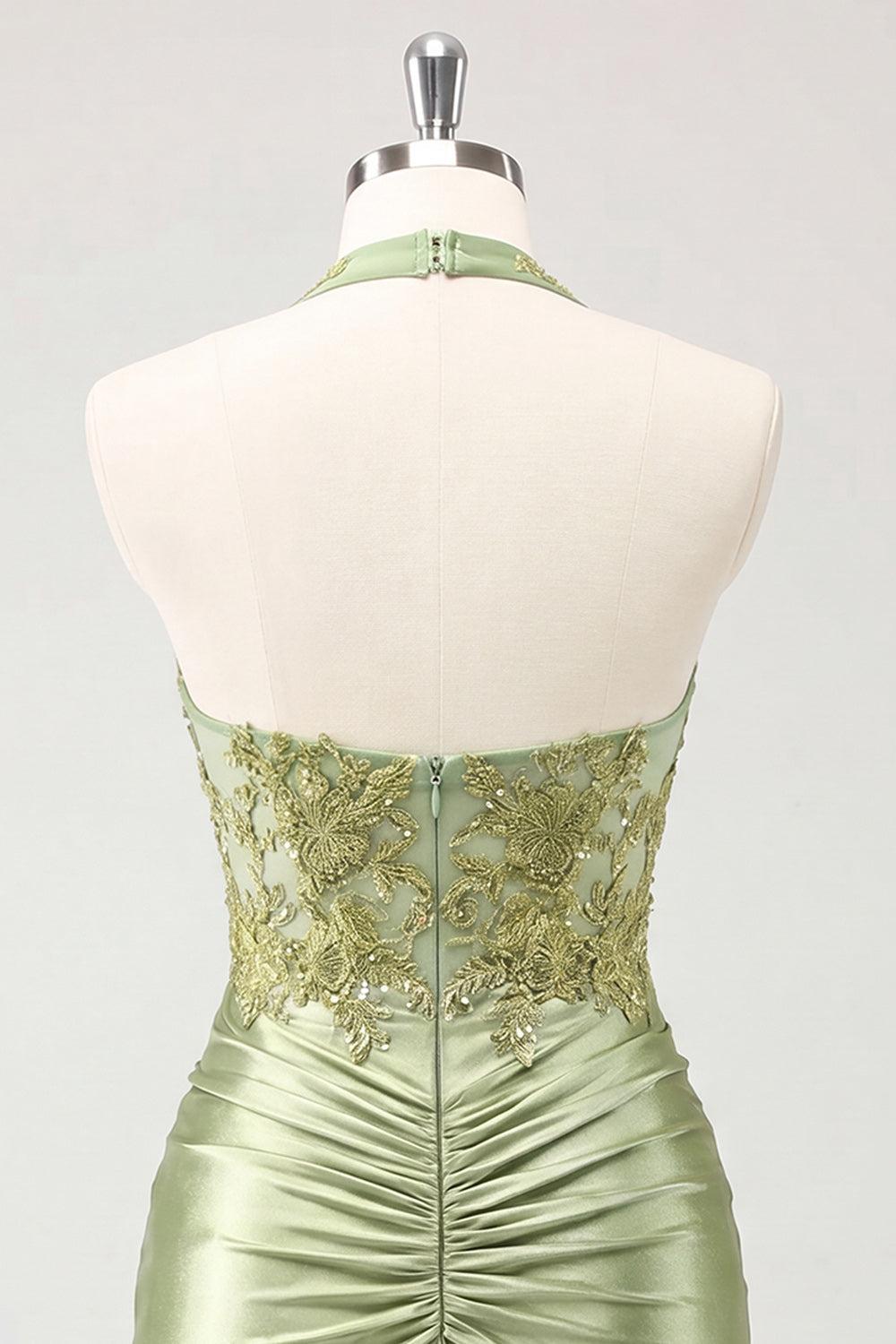 Army Green Ruched Appliqued Halter Tight Corset Short Homecoming Dress