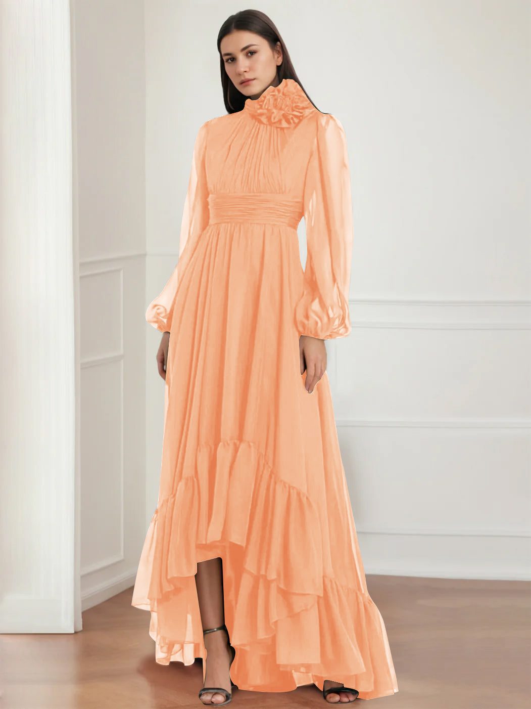 Long Asymmetrical Ruffles Asymmetrical A Line Jewel Neck Gown with Long Sleeves Ruffles & Floral ...