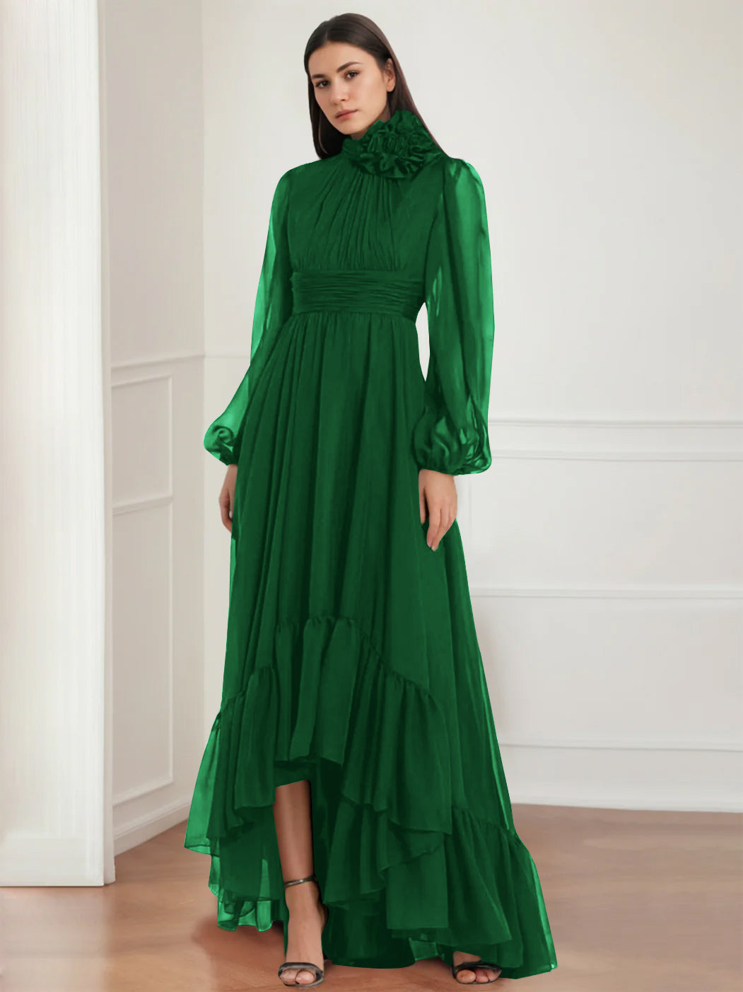 Long Asymmetrical Ruffles Asymmetrical A Line Jewel Neck Gown with Long Sleeves Ruffles & Floral ...
