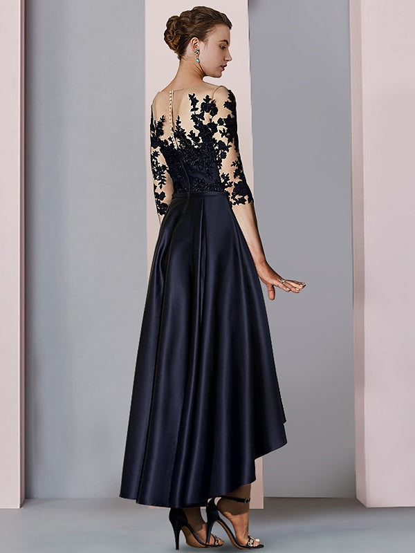 Asymmetrical Tea Length A Line Mother of the Bride Dresses with Illusion Neck