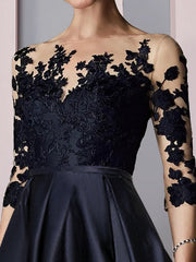 Asymmetrical Tea Length A Line Mother of the Bride Dresses with Illusion Neck