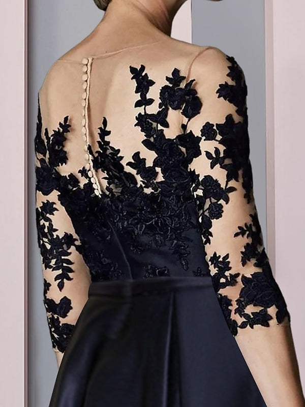 Asymmetrical Tea Length A Line Mother of the Bride Dresses with Illusion Neck