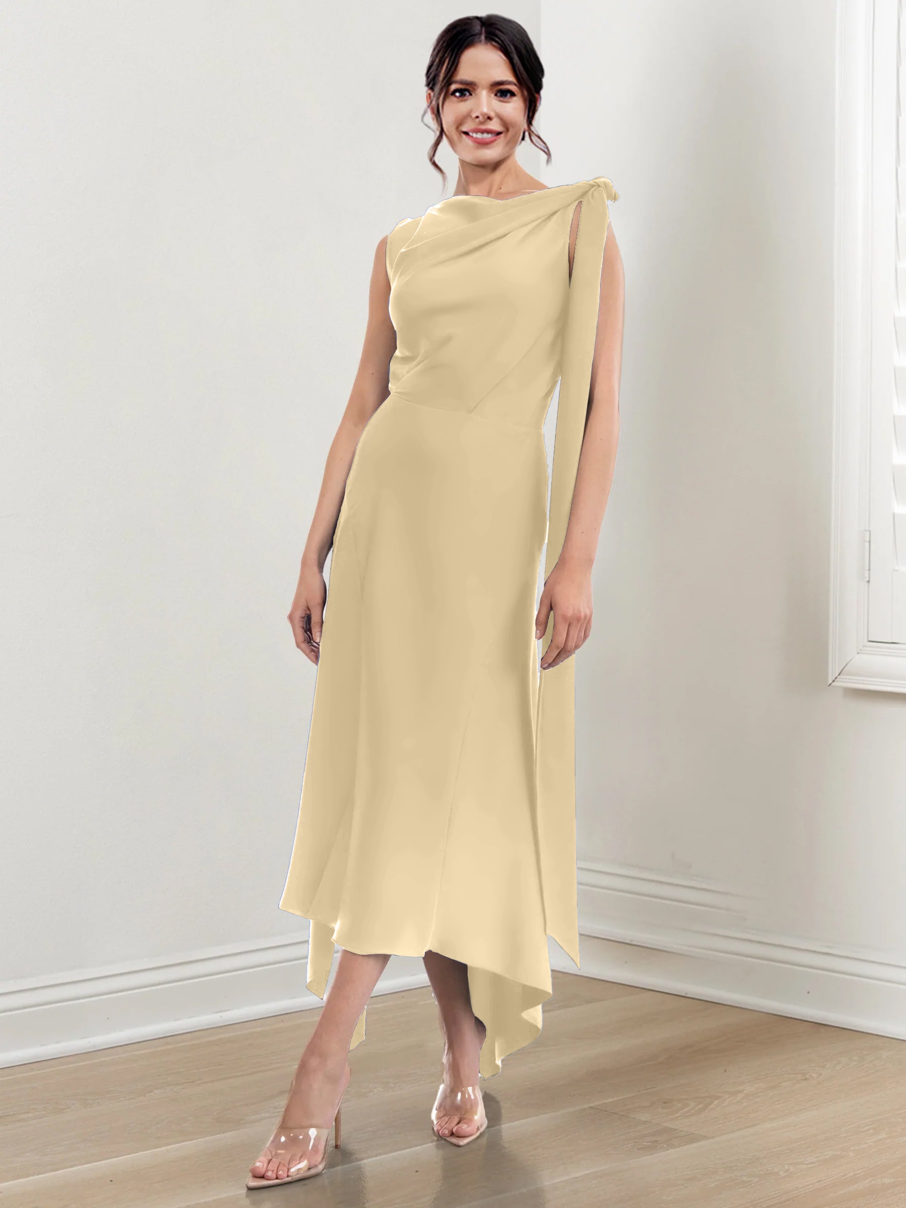 Asymmetrical Tea Length Mother of the Bride Sheath Dress with Ruched Column Jewel Neck