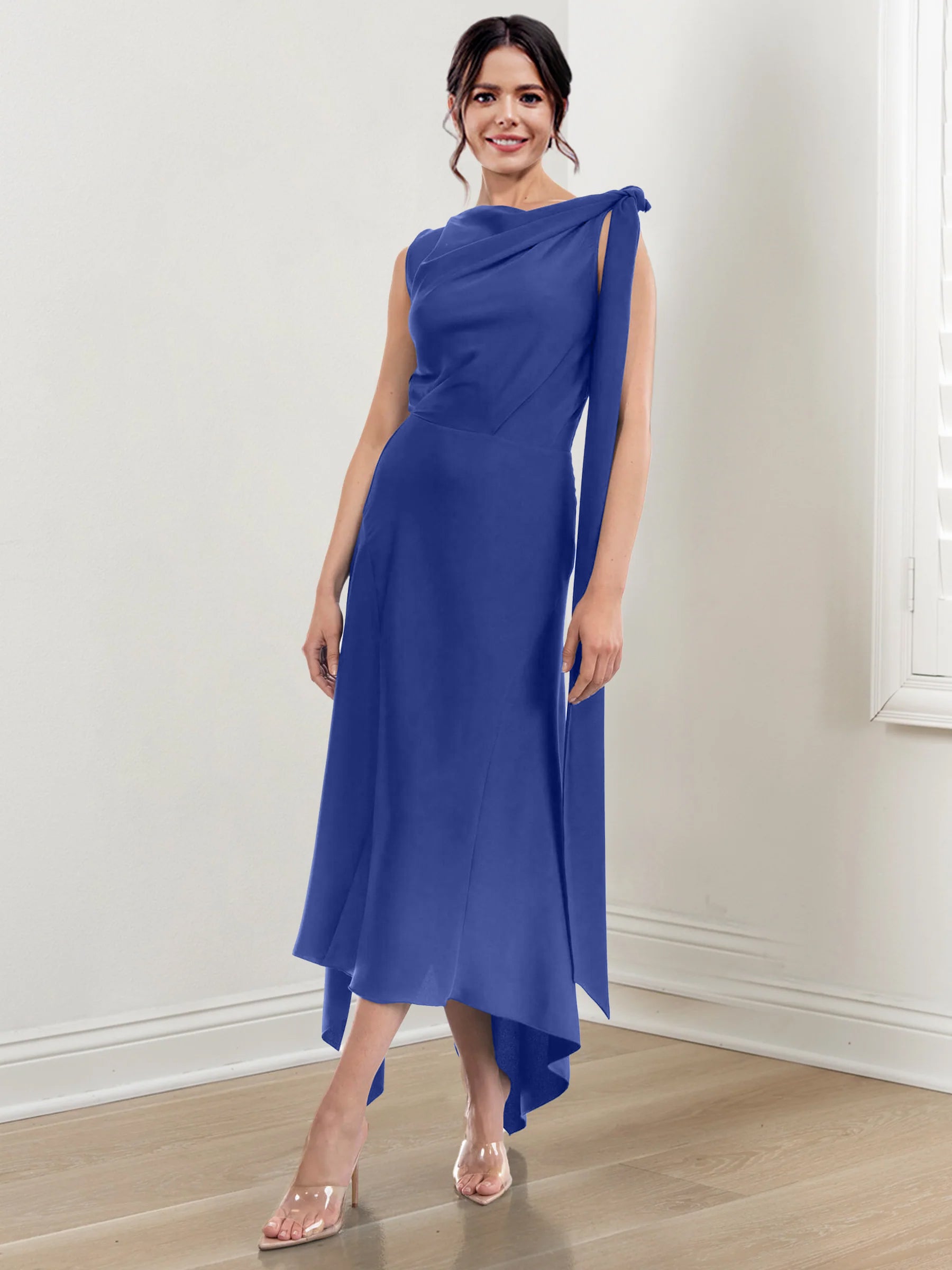 Asymmetrical Tea Length Mother of the Bride Sheath Dress with Ruched Column Jewel Neck