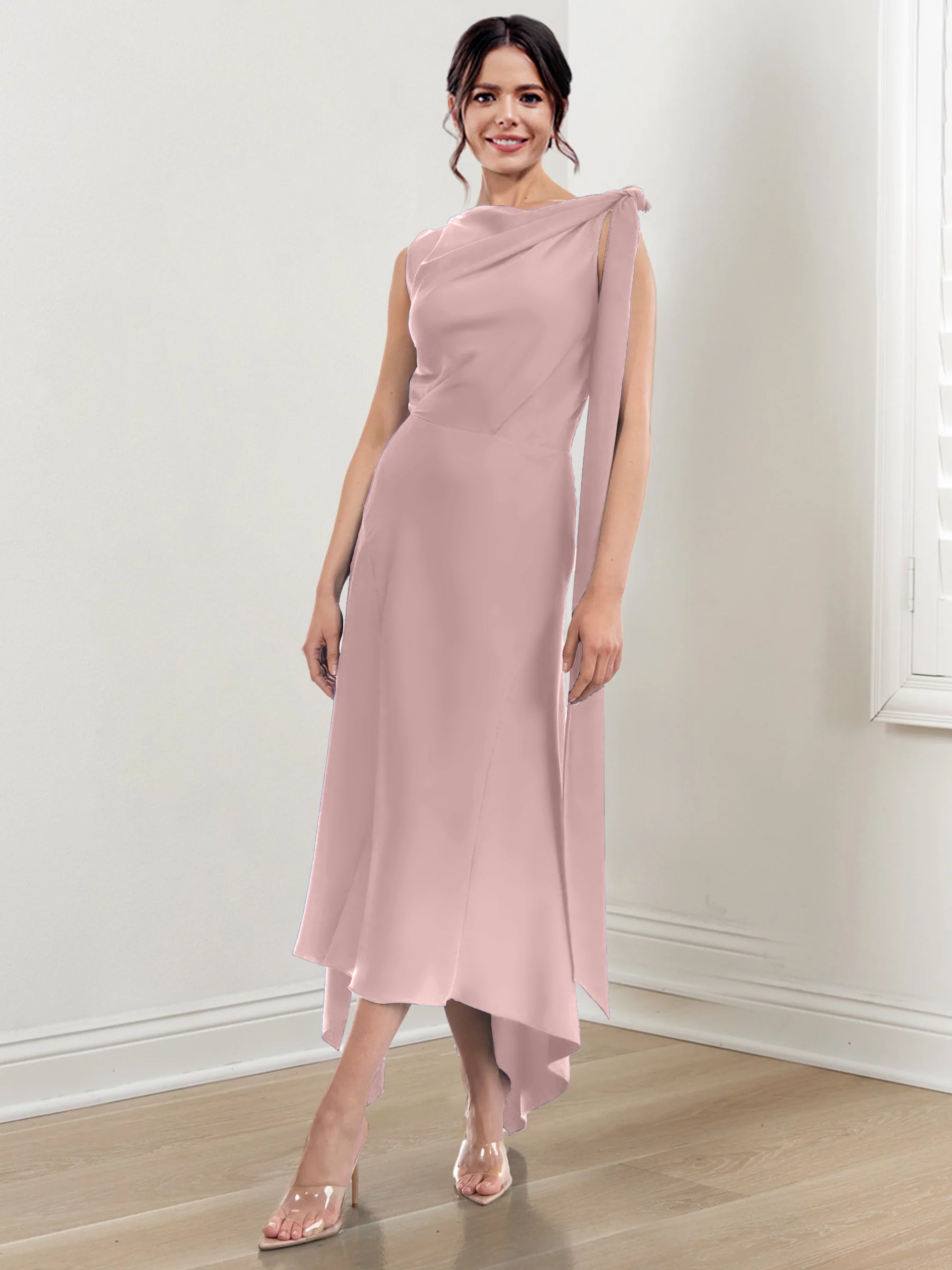Asymmetrical Tea Length Mother of the Bride Sheath Dress with Ruched Column Jewel Neck