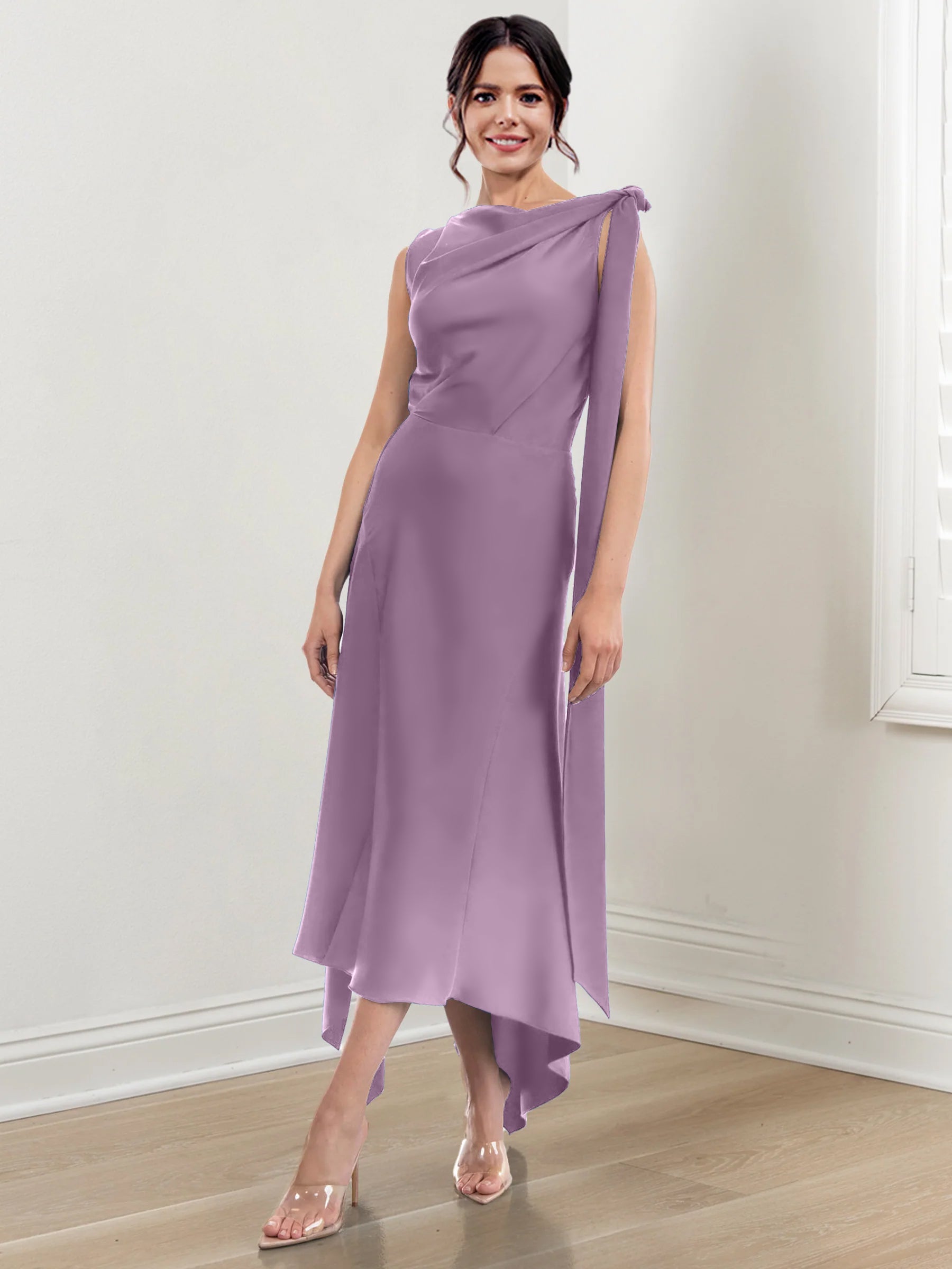 Asymmetrical Tea Length Mother of the Bride Sheath Dress with Ruched Column Jewel Neck