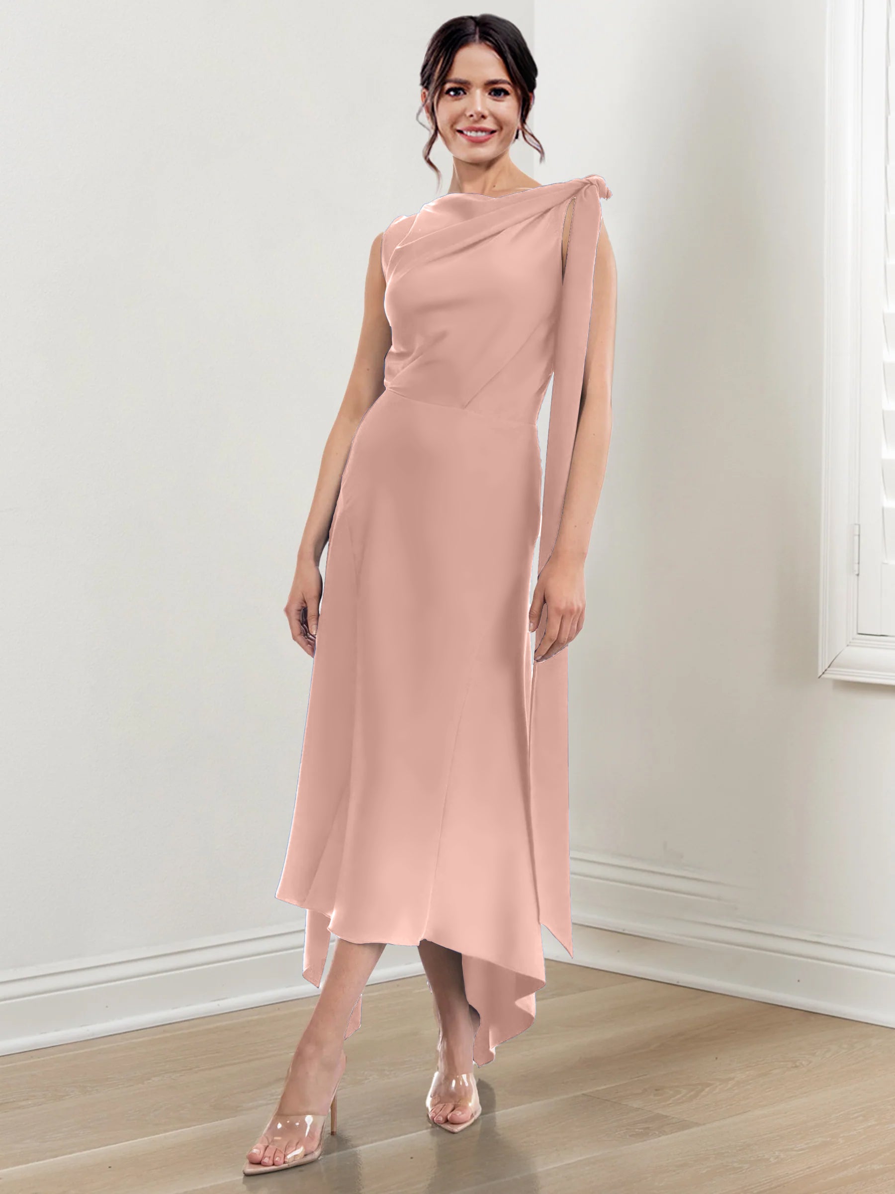 Asymmetrical Tea Length Mother of the Bride Sheath Dress with Ruched Column Jewel Neck
