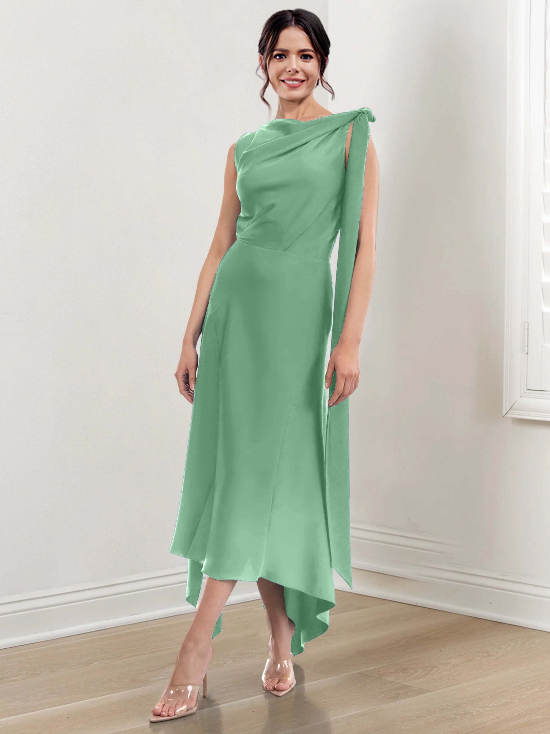 Asymmetrical Tea Length Mother of the Bride Sheath Dress with Ruched Column Jewel Neck