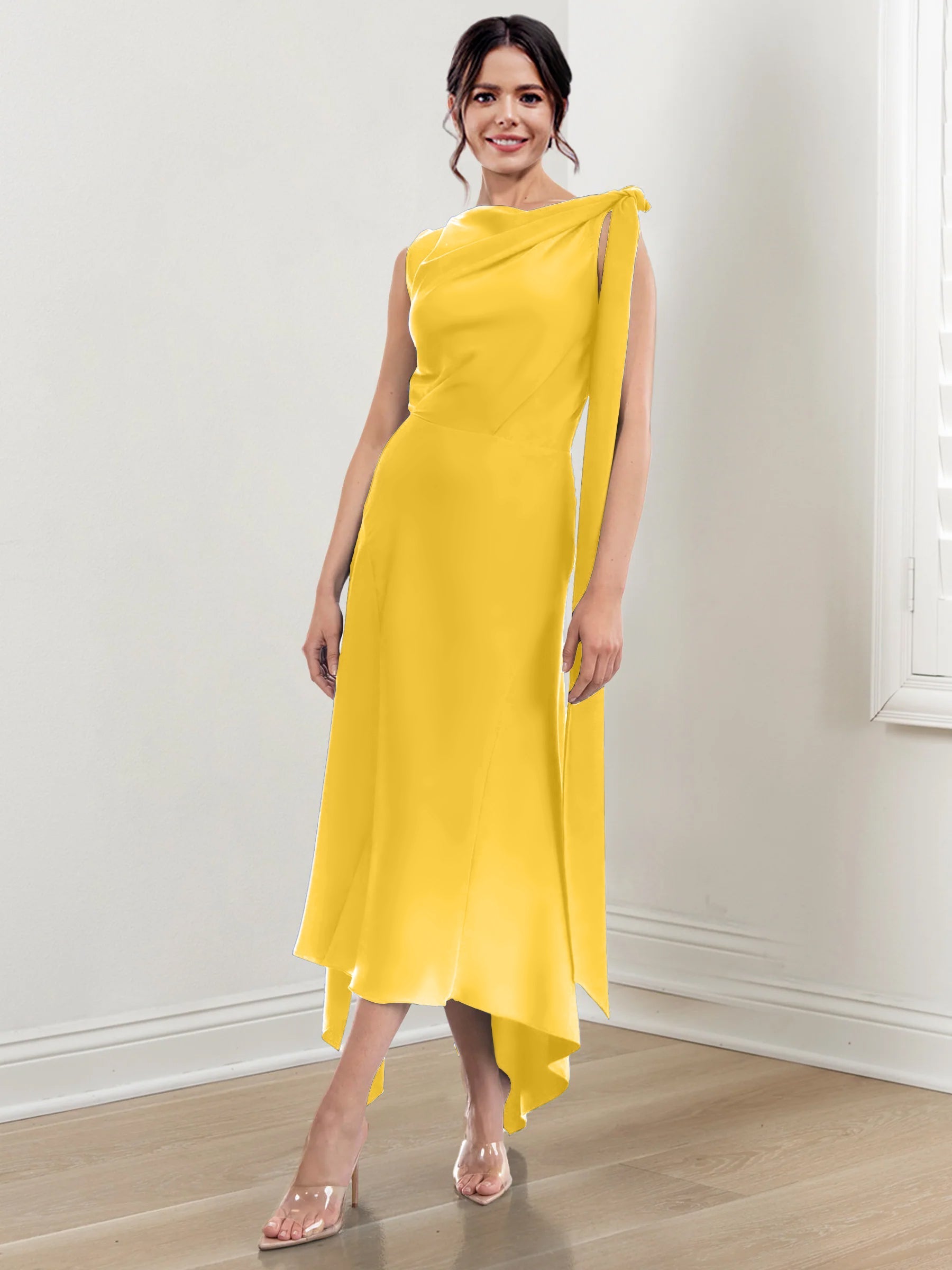 Asymmetrical Tea Length Mother of the Bride Sheath Dress with Ruched Column Jewel Neck