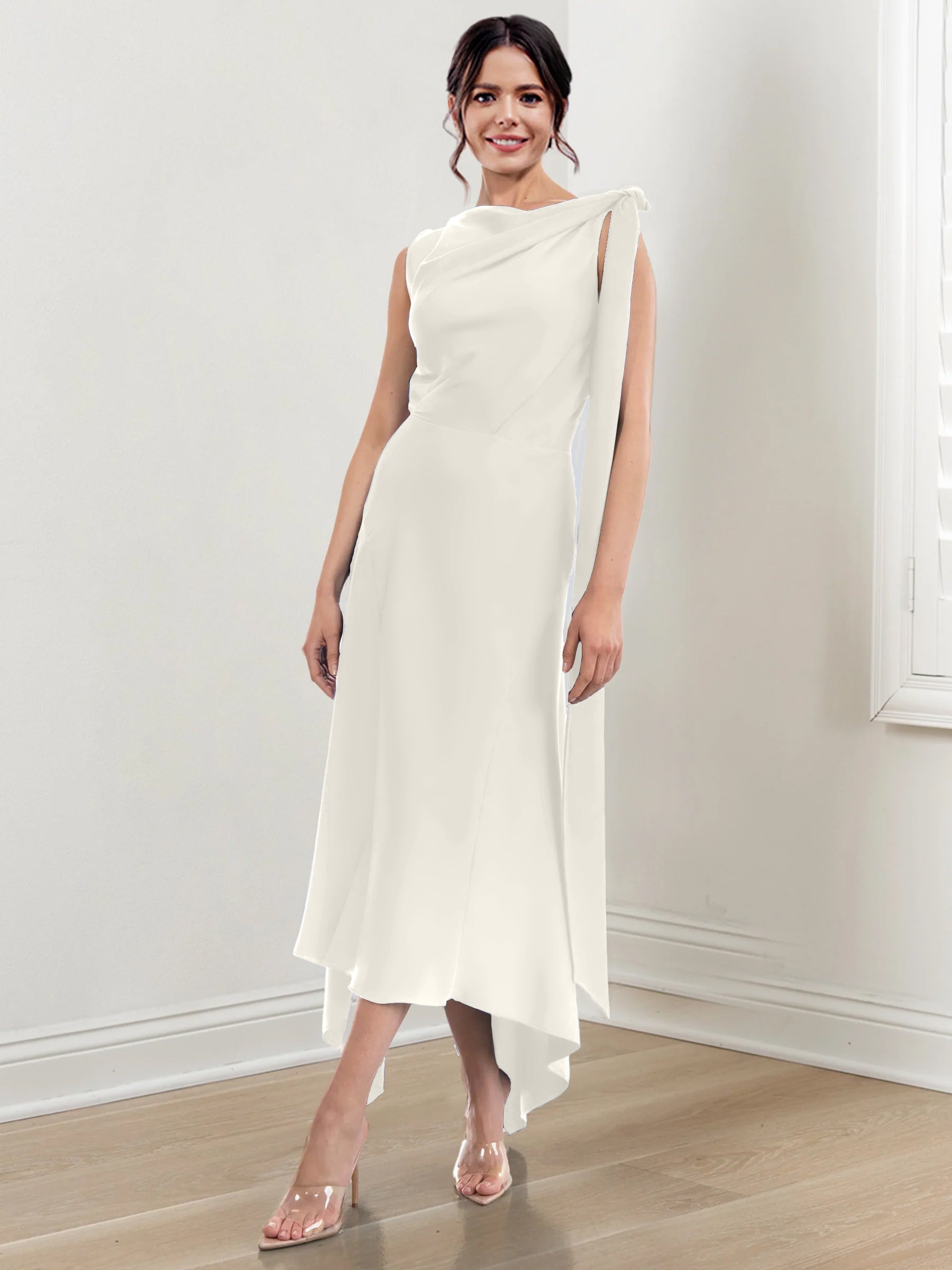 Asymmetrical Tea Length Mother of the Bride Sheath Dress with Ruched Column Jewel Neck