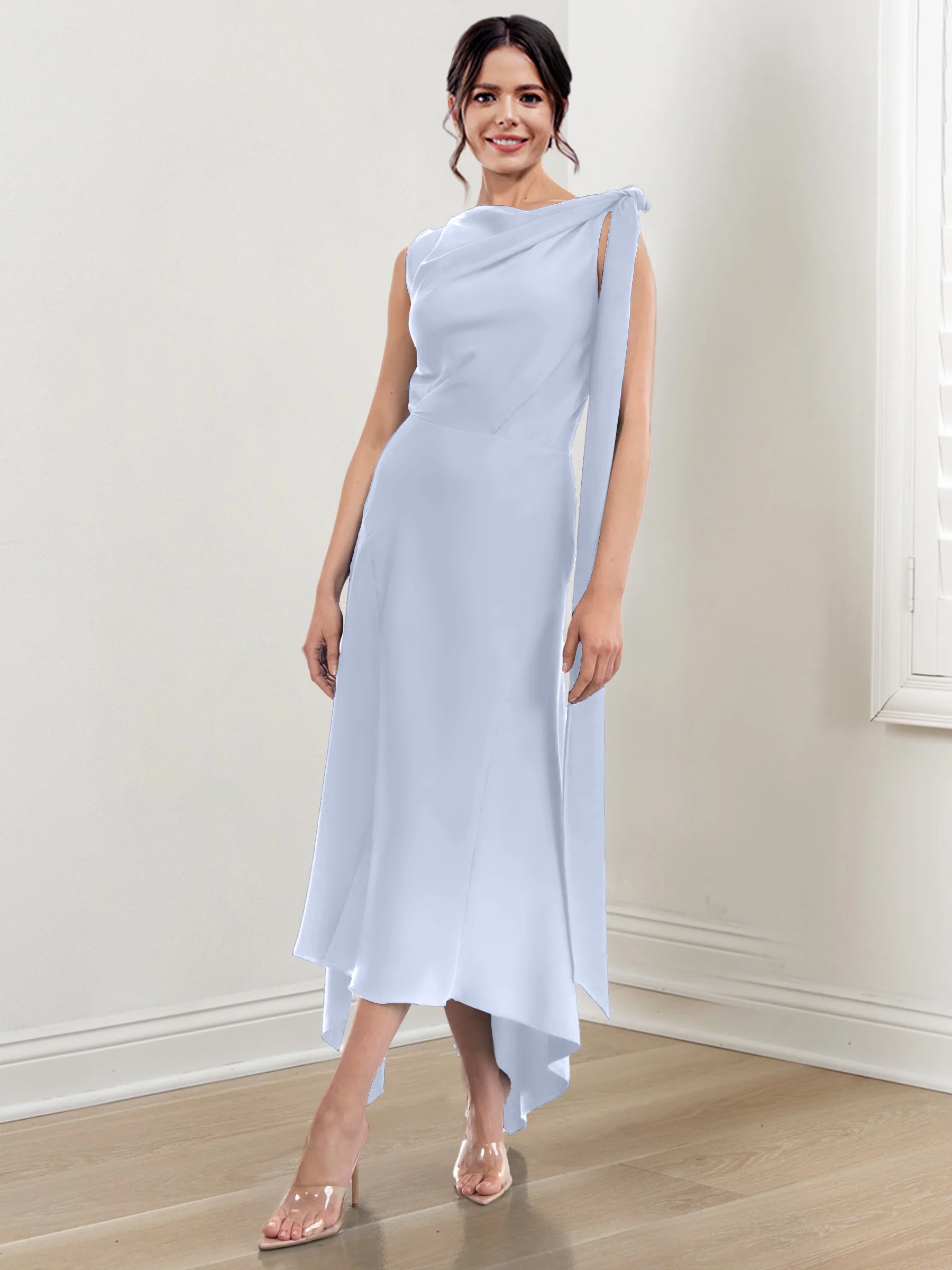 Asymmetrical Tea Length Mother of the Bride Sheath Dress with Ruched Column Jewel Neck