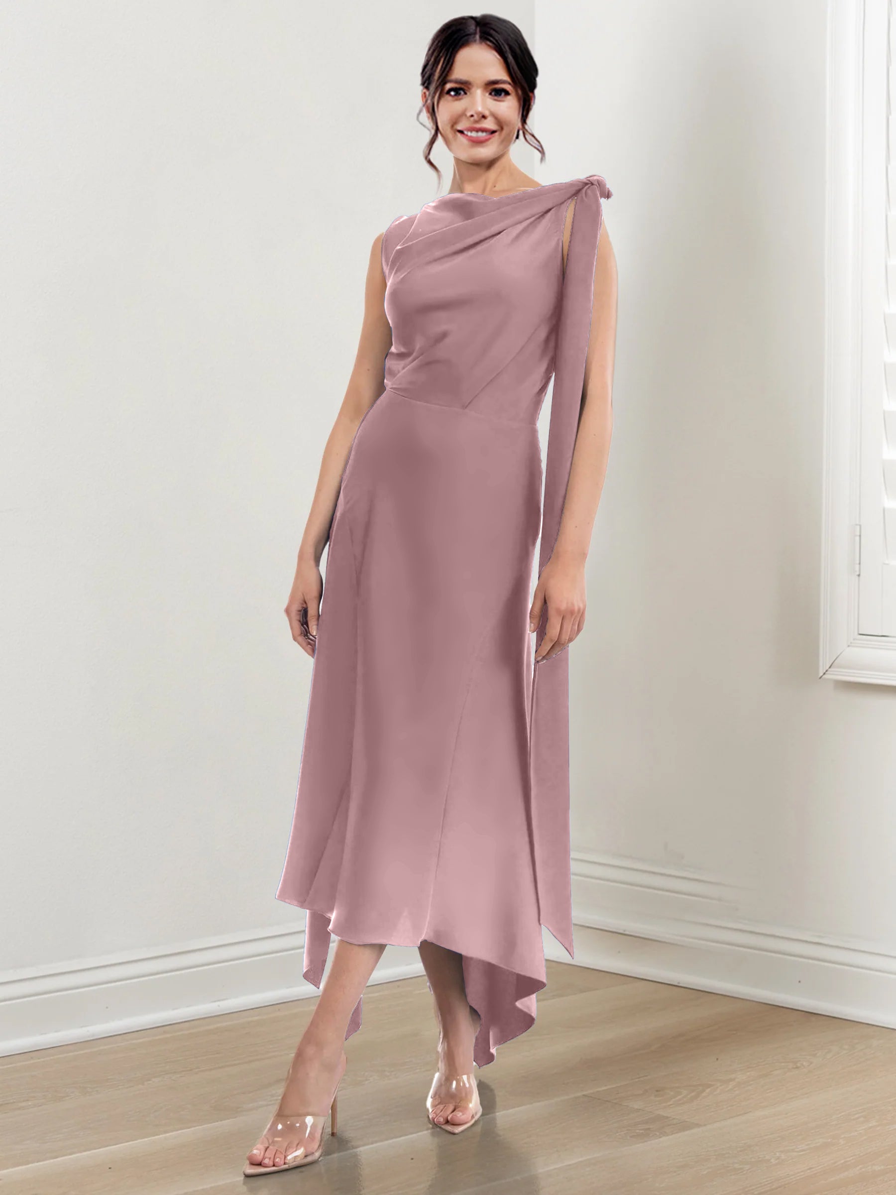 Asymmetrical Tea Length Mother of the Bride Sheath Dress with Ruched Column Jewel Neck