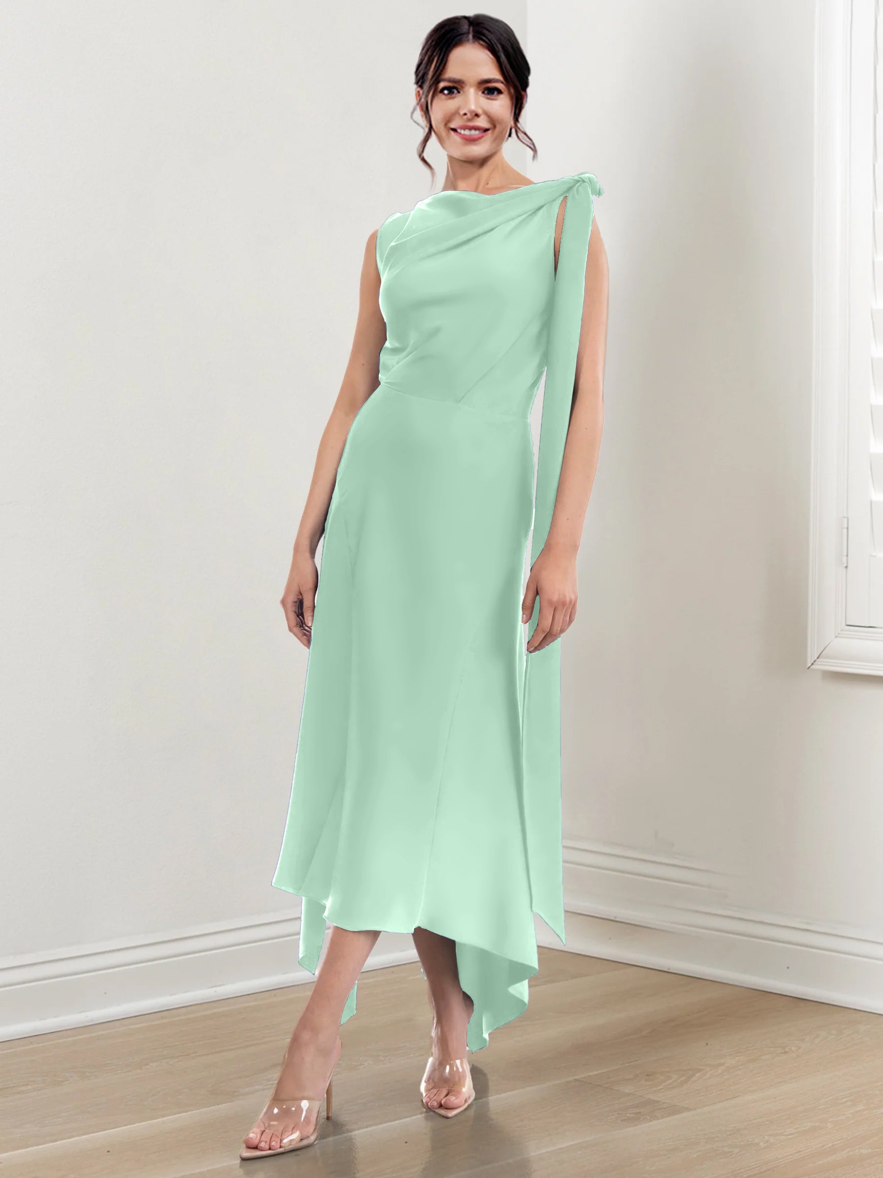 Asymmetrical Tea Length Mother of the Bride Sheath Dress with Ruched Column Jewel Neck