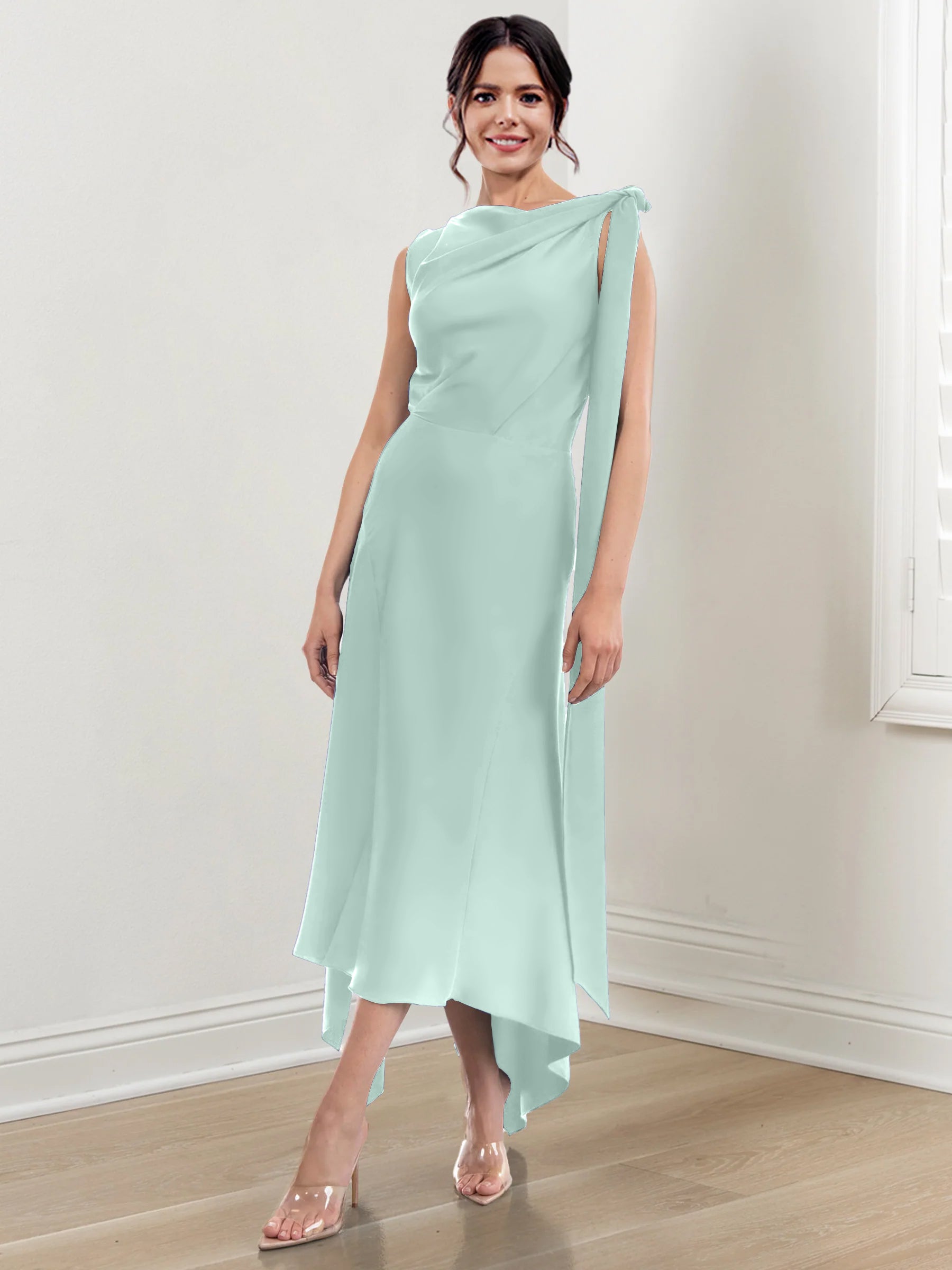 Asymmetrical Tea Length Mother of the Bride Sheath Dress with Ruched Column Jewel Neck