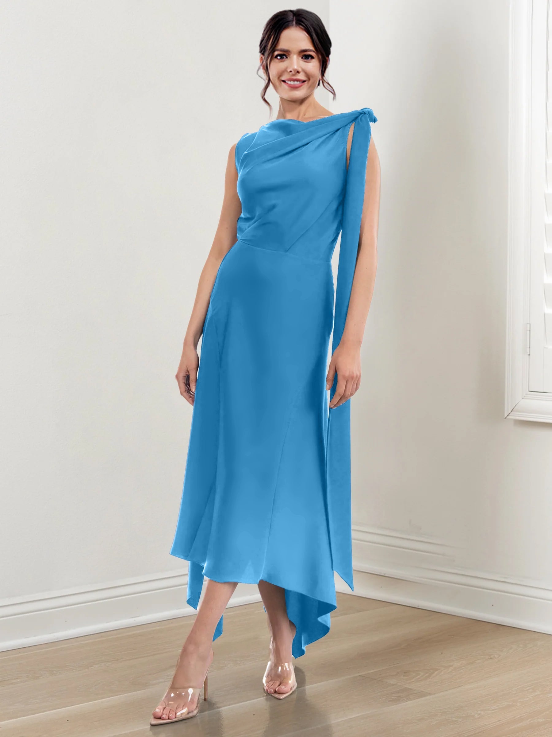 Asymmetrical Tea Length Mother of the Bride Sheath Dress with Ruched Column Jewel Neck