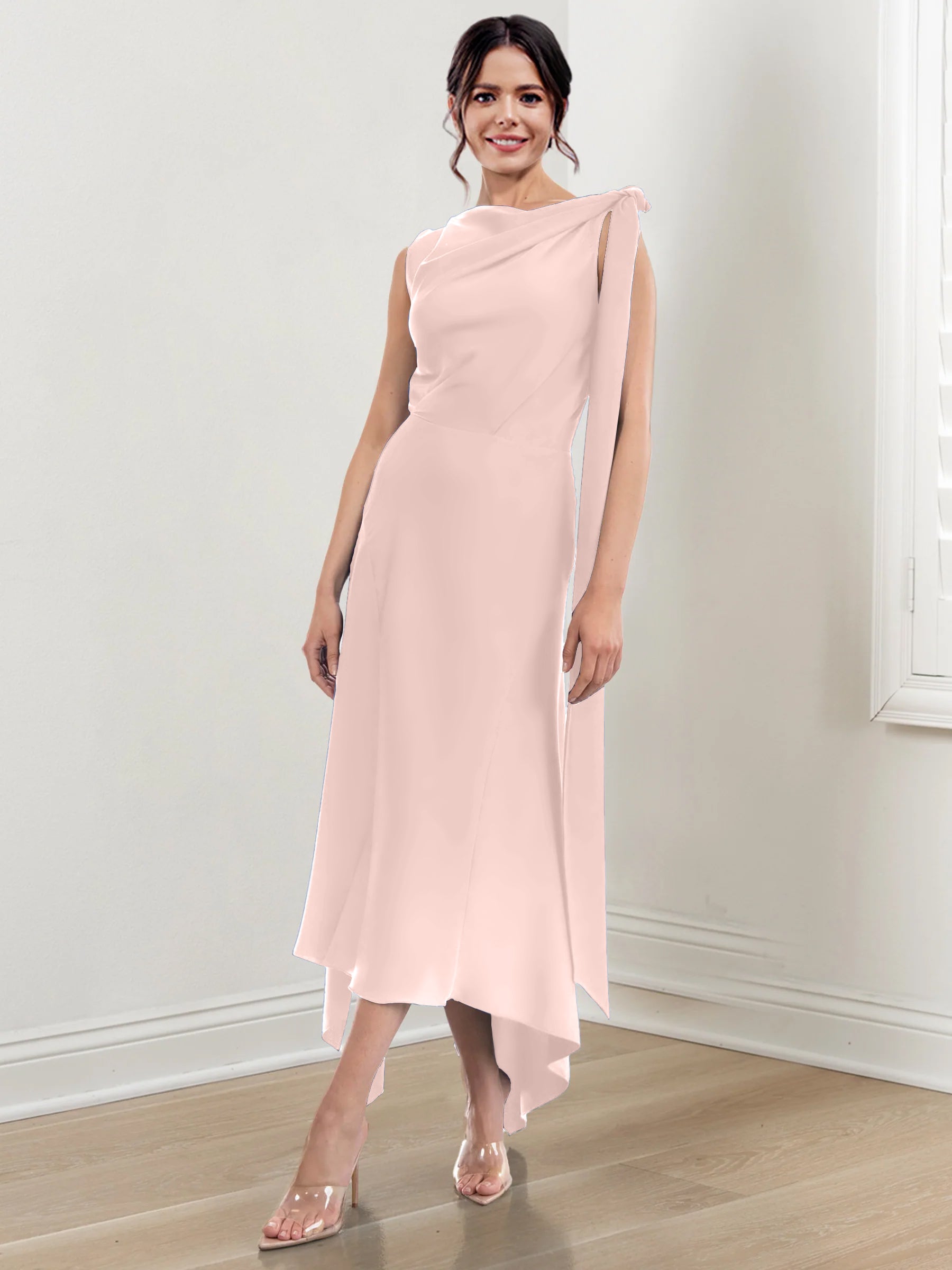 Asymmetrical Tea Length Mother of the Bride Sheath Dress with Ruched Column Jewel Neck