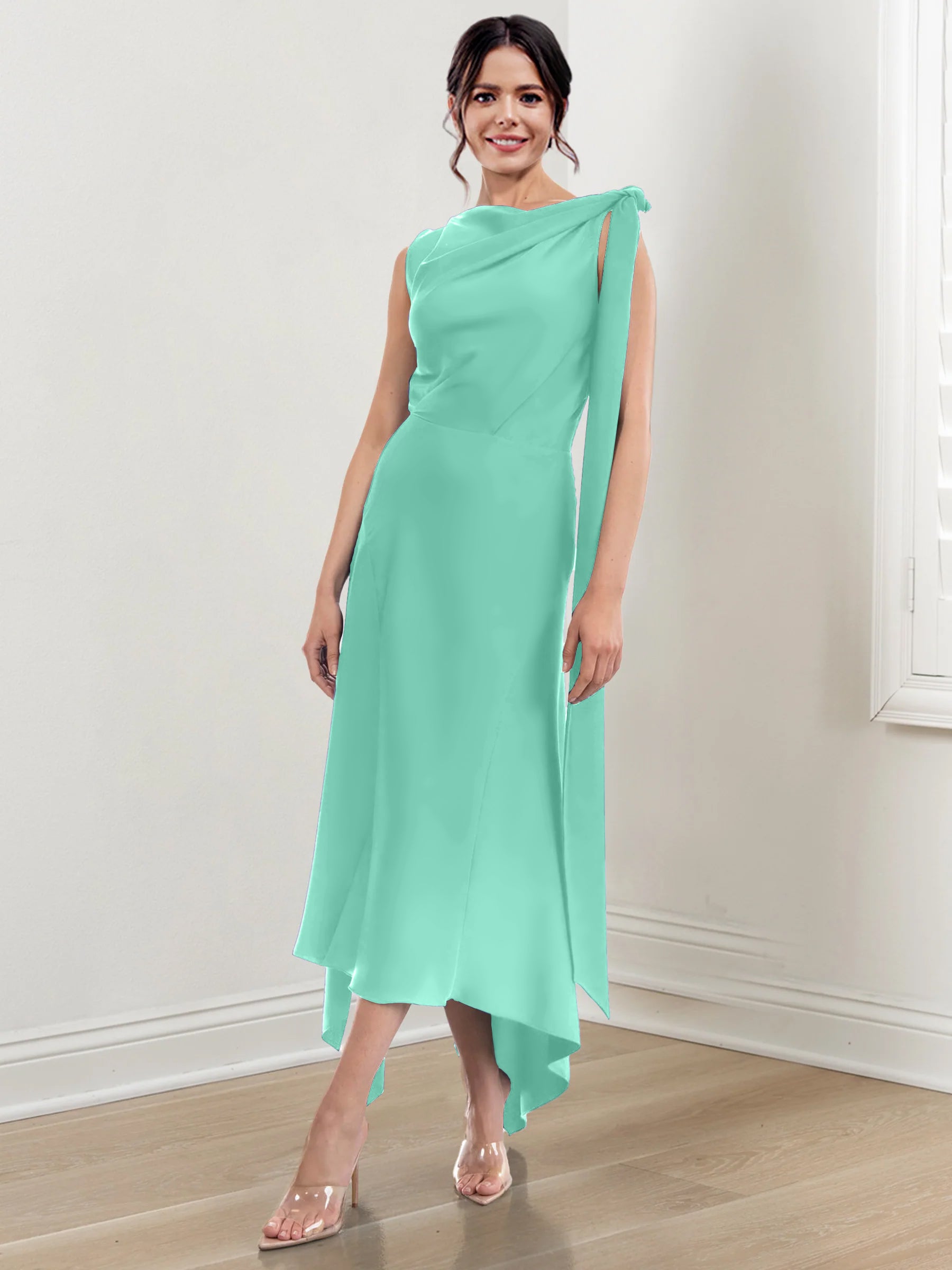 Asymmetrical Tea Length Mother of the Bride Sheath Dress with Ruched Column Jewel Neck