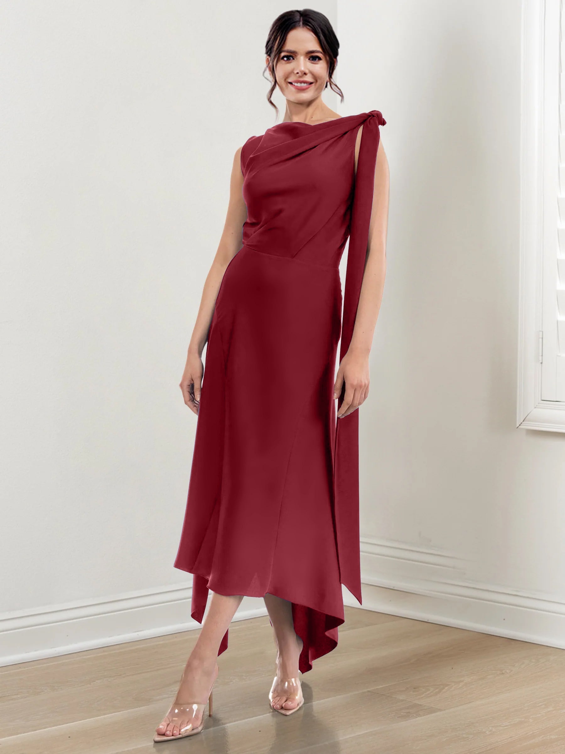 Asymmetrical Tea Length Mother of the Bride Sheath Dress with Ruched Column Jewel Neck