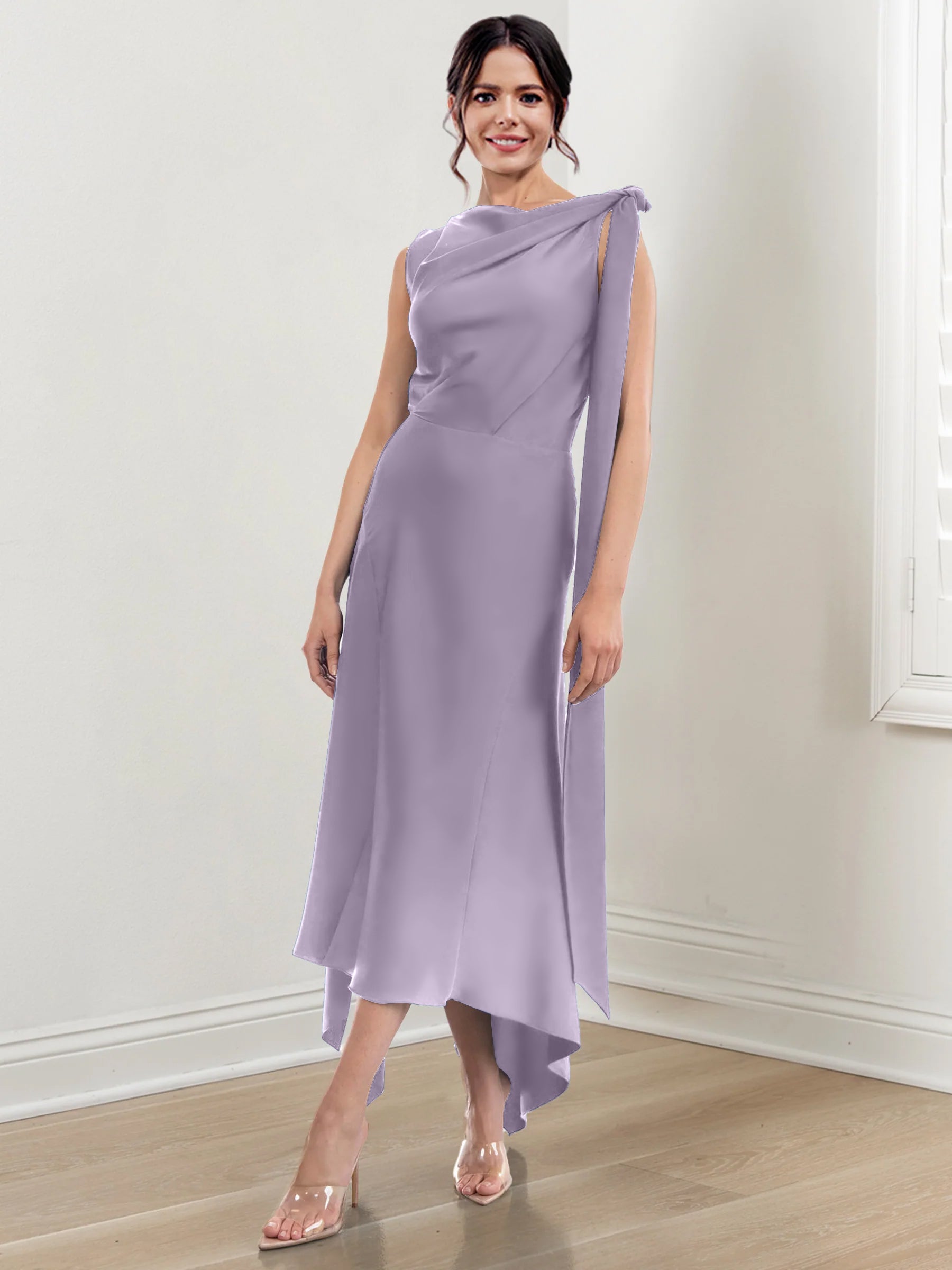 Asymmetrical Tea Length Mother of the Bride Sheath Dress with Ruched Column Jewel Neck